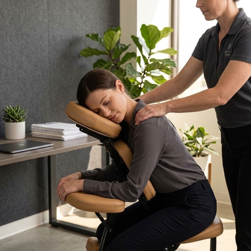 Kunde bei einer Büromassage auf dem mobilen Massagestuhl